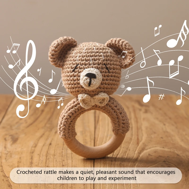 1Pc Baby Rattle Toys Wooden Teether Crochet Pattern Rattle Rabbit Lion Fox BearToy Newborn Gift Baby Teether Crochet Custom Name 6