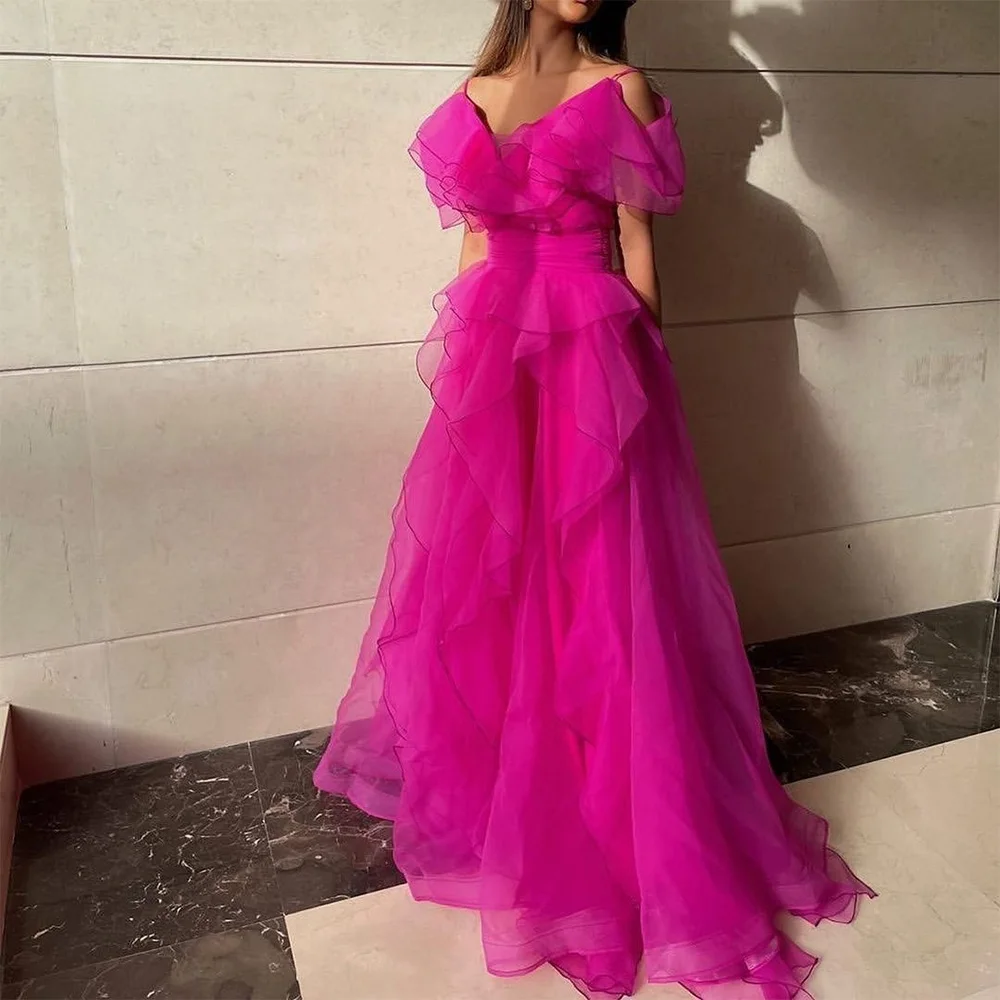 

Xijun Fuschia Многоярусные оборки из органзы Вечерние платья с V-образным вырезом трапециевидные складки с рюшами Саудовский арабский Выпускной наряд вечернее платье 2023