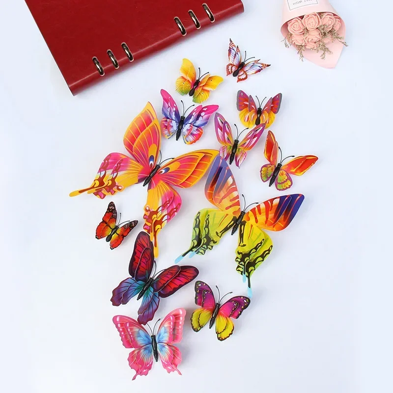 New Style 12Pcs Double Layer 3D Butterfly Wall Stickers Home Room Decor Butterflies For Wedding Decoration Magnet Fridge Decals