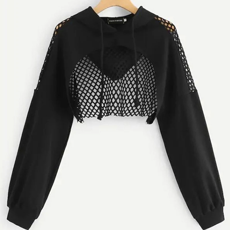 

Crop Top Sweatshirt Mesh Patchwork Hoodies Sweatshirts Women Harajuku Hoodie Sweatshirt Clothes Gothic Long Sleeve Robe Femme