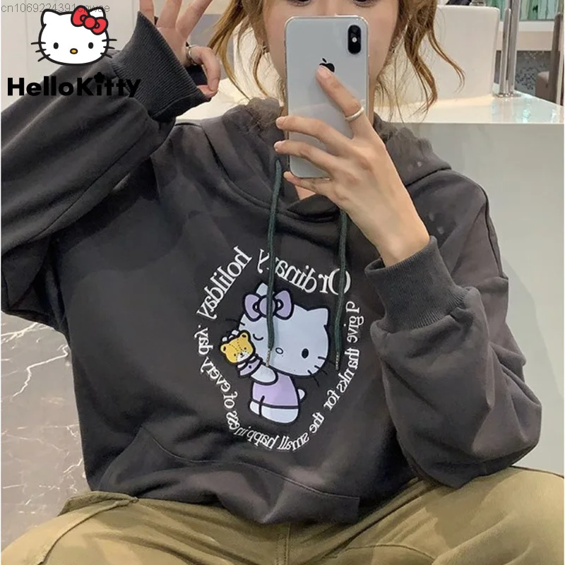 

Sanrio Hello Kitty New Campus Style Cute Printed Hooded Sweatshirt For Women Trend Japanese Y 2k Grunge Tops 90s Goth Hoodie Yk2