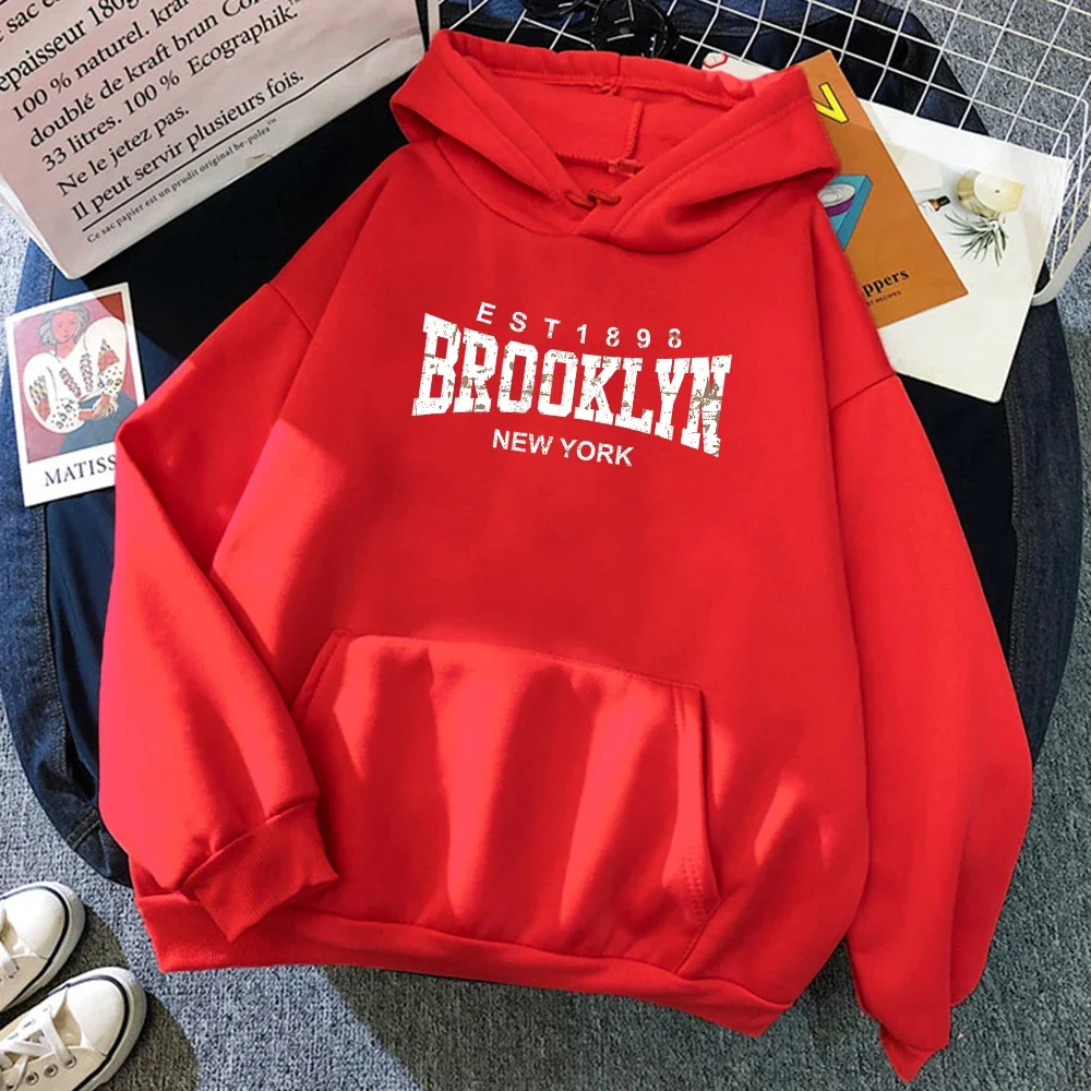 

Brooklyn Est 1898 New York Printed Hoodies For Women Vintage Fleece Pullover Trendy Creativity Clothes Pocket Loose Female Hoody