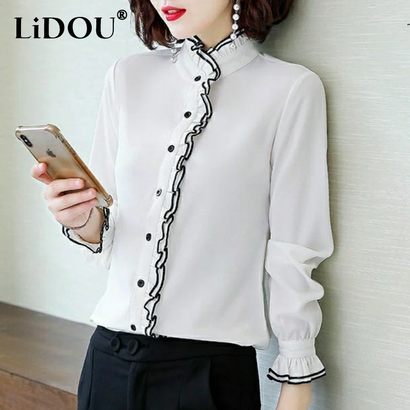 

Осенне-зимняя однотонная Фотографическая блузка, Женская Повседневная Свободная офисная Дамская рубашка с длинным рукавом, женская одежда...