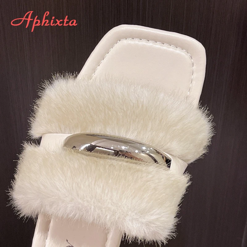 Aphixta Flat With Furry Women Slippers Outside Modern Slides Shoes Metal Dec Soft White Fur Slippers Fashion Woman Shoes