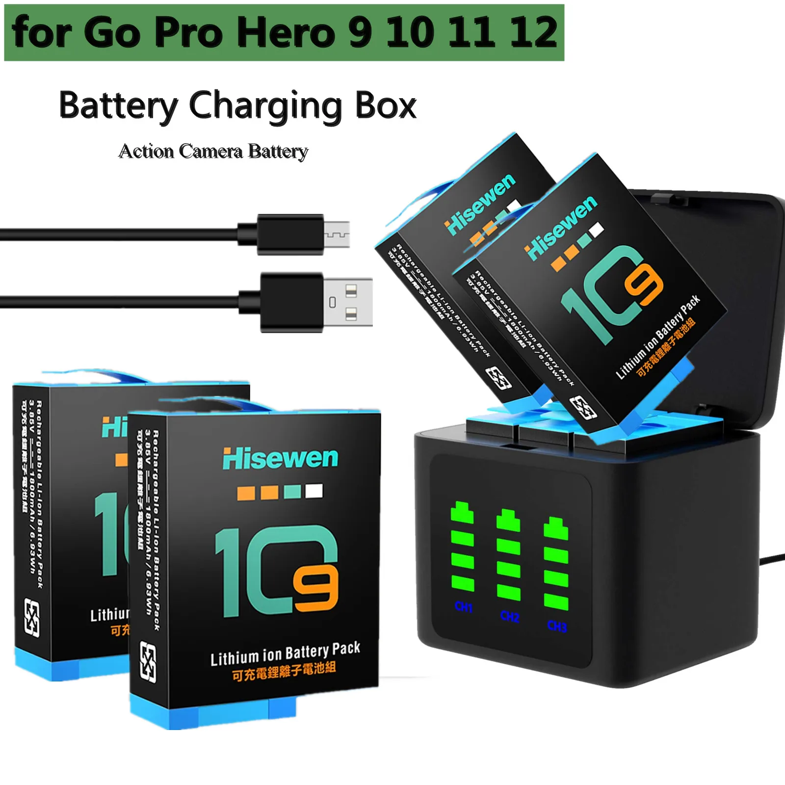 Quatre batteries GoPro Hero alignées avec leur chargeur, parfait pour les longues sessions.