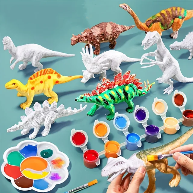 6/8PCS DIY Paint Your Own Dinosaur Kit Blank Dinosaur Model Figurine Washable Paint Brush Palette Educational Graffiti Art Toy 1