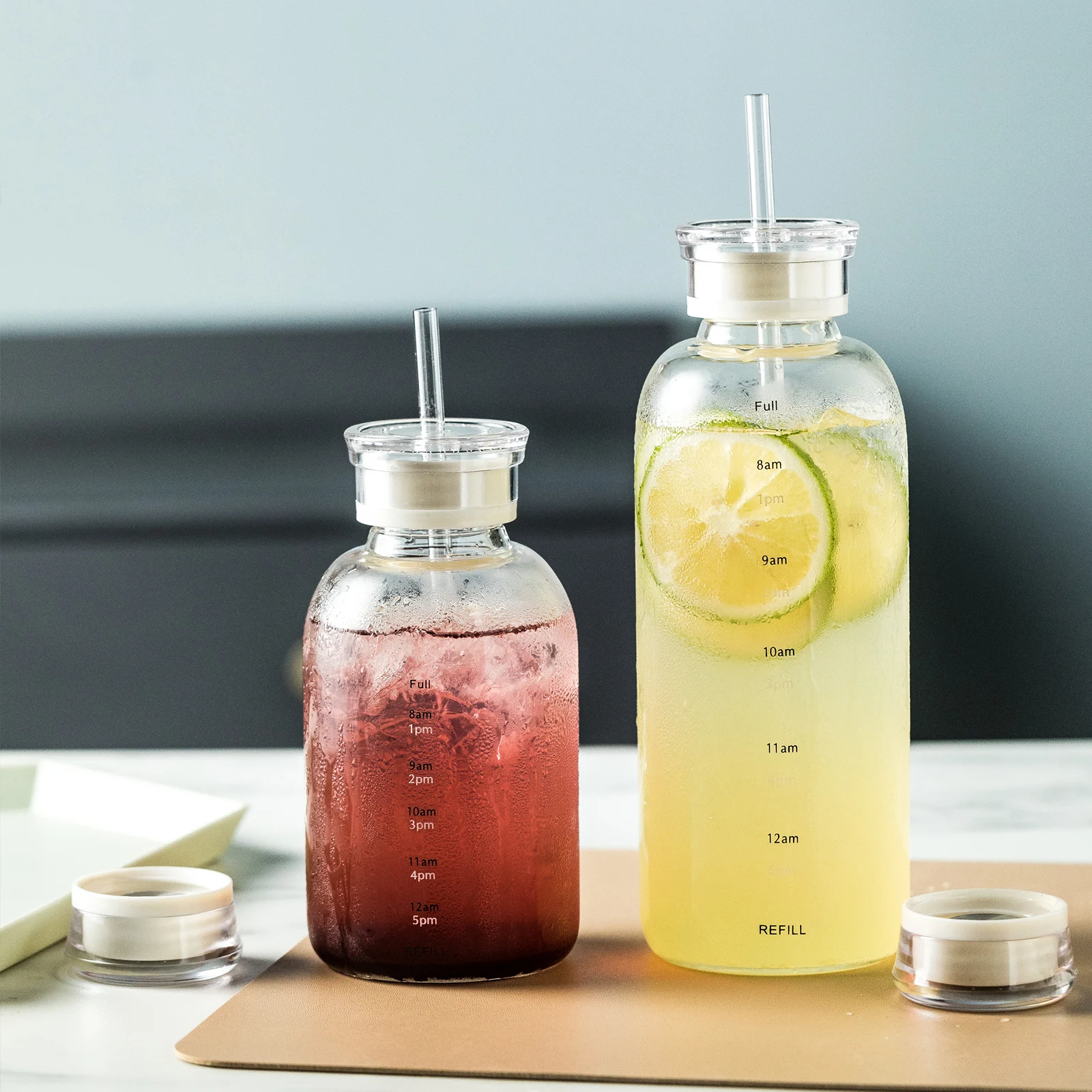 700ml/420ml Capacity Glass Water Bottle With Time Marker Cover For Water Drink