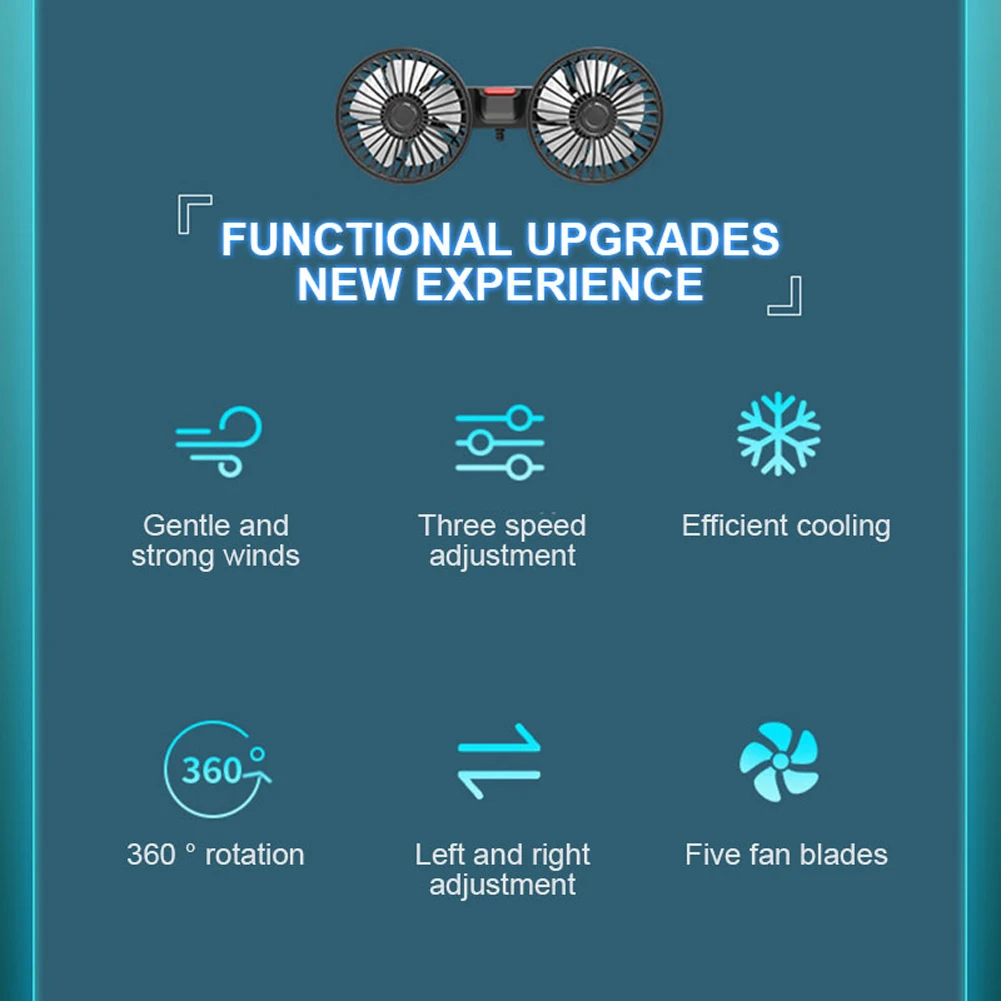 12V/24V Electric Seat Back Cooler  USB Charging Car Powerful Fan 360 Degree Rotation Auto Headrest Ventilation Fanfor Auto Sedan