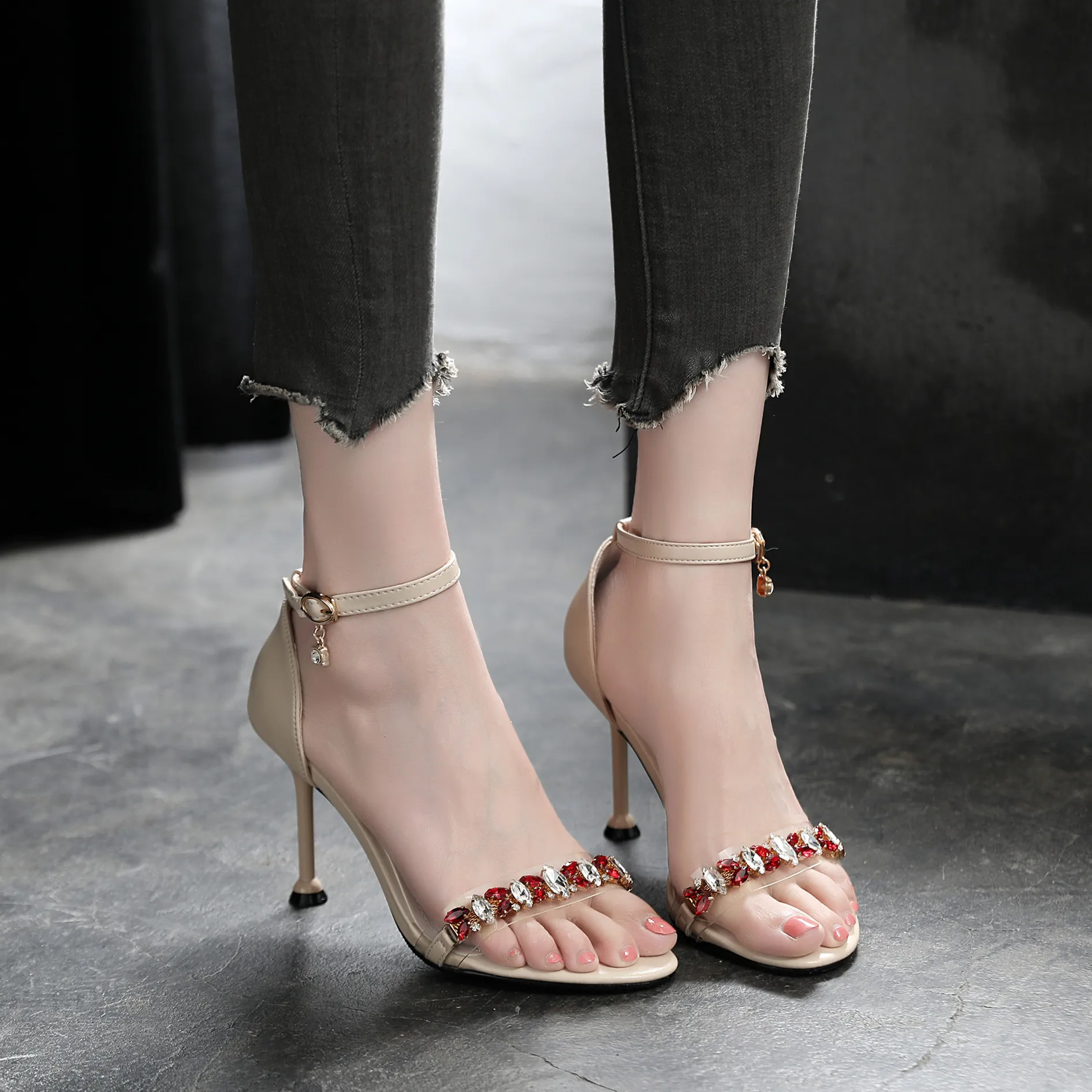 

31-43 Ankle Strap Open Toe Rhinestone Stiletto Heels Sexy Sandals Women Small Size Summer Shoes Woman