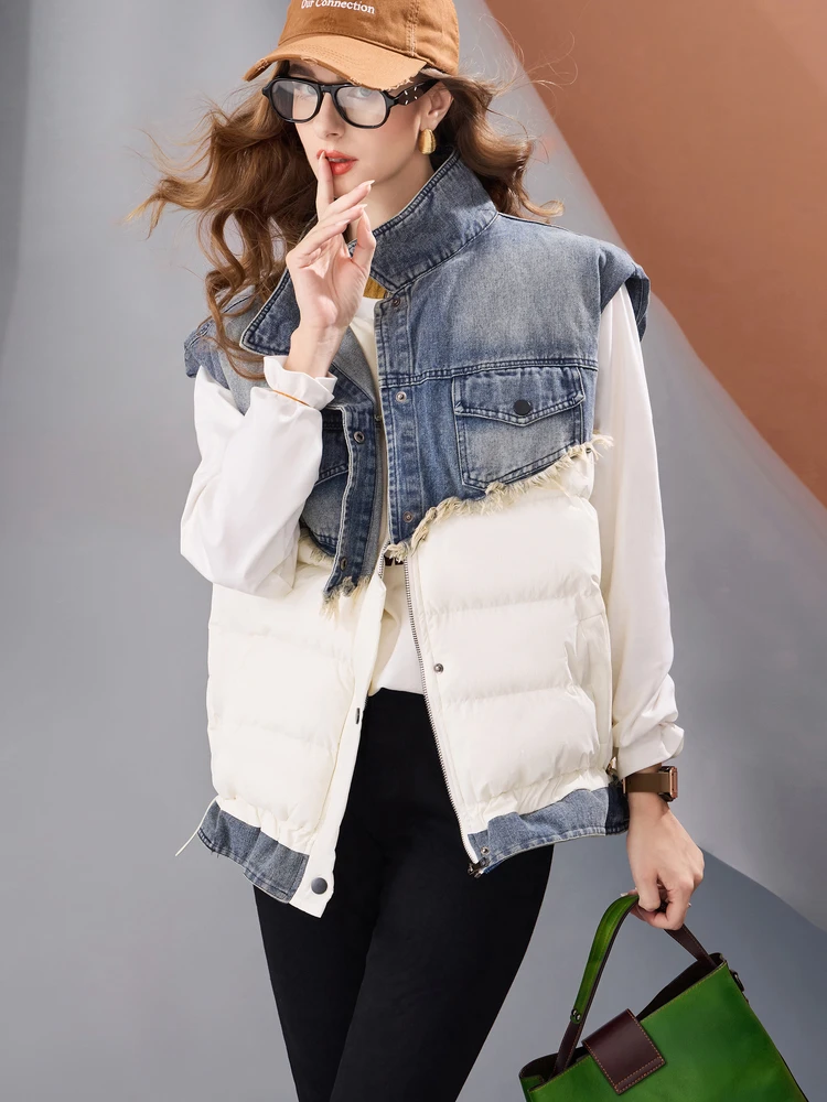 Women Oversized Denim Patchwork Puffer Vest Warm Sleeveless Jacket Streetwear Winter Fashion Outerwear Casual Layered Gilet 3