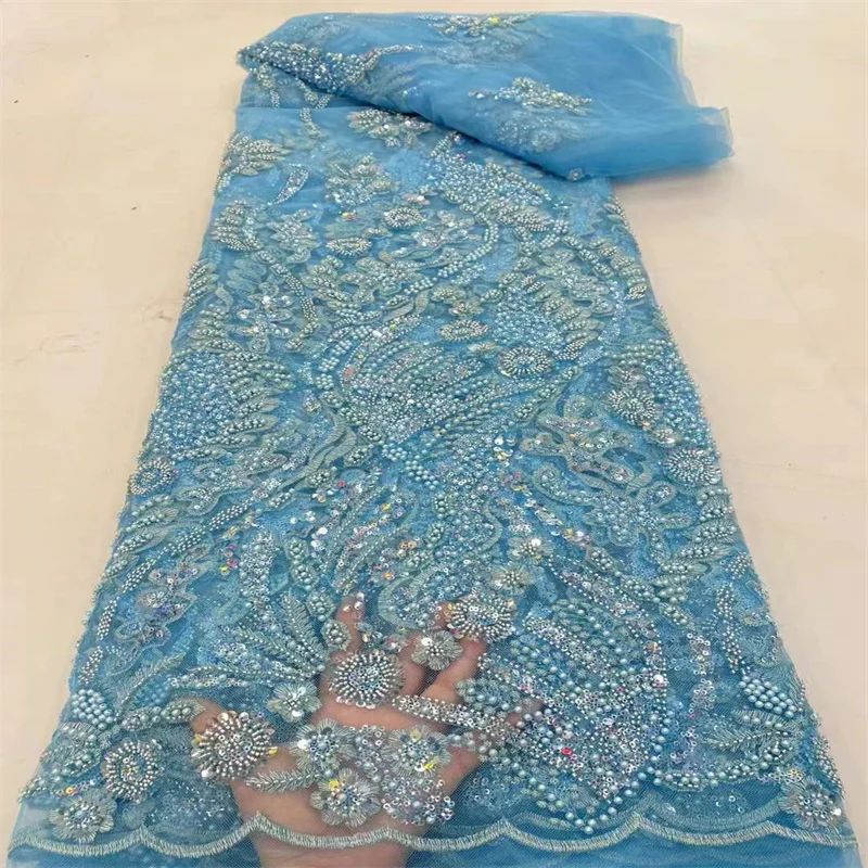 

African Lace Material 2022 Sky Blue Heavy Beaded Crystal Lace Fabric Embroidery Sequins For Traditional Wedding Dresses F5968