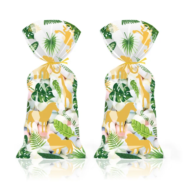 50 sztuk zwierząt wzór plastikowe torby cukierki torby do pakowania ciasteczek dzieci dżungla upominki na przyjęcie urodzinowe Safari Baby Shower torba 1