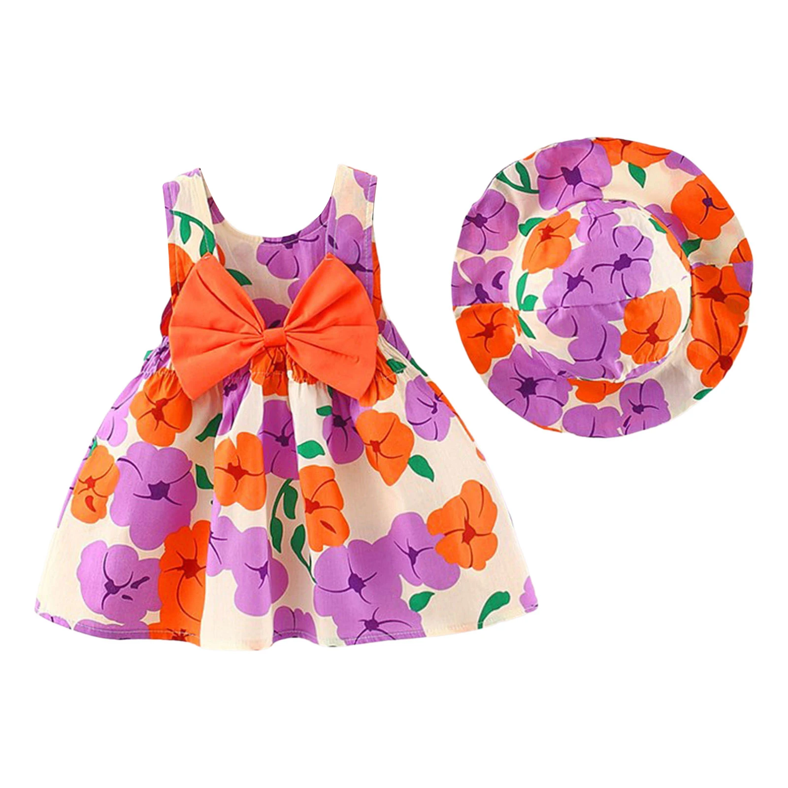 

Baby Girls Toddler Summer Clothes Sleeveless Bowknot Floral Print Sundress with Sun Hat Party Holiday Vacation Picnic Outfits