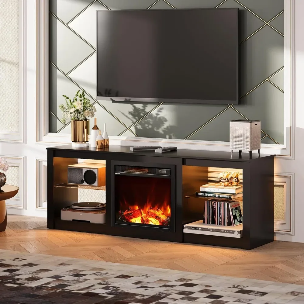 Fireplace TV Stand with LED Lights & Glass Shelves, Modern Entertainment Console 58 Inch TV Console - Image 6