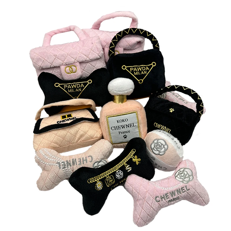 New Arrive Pet Plush Toys Cute Bone Bag Perfume Shaped Bite Chewing Squeaky Toys Luxury Designer Puppy Gift Toy 6