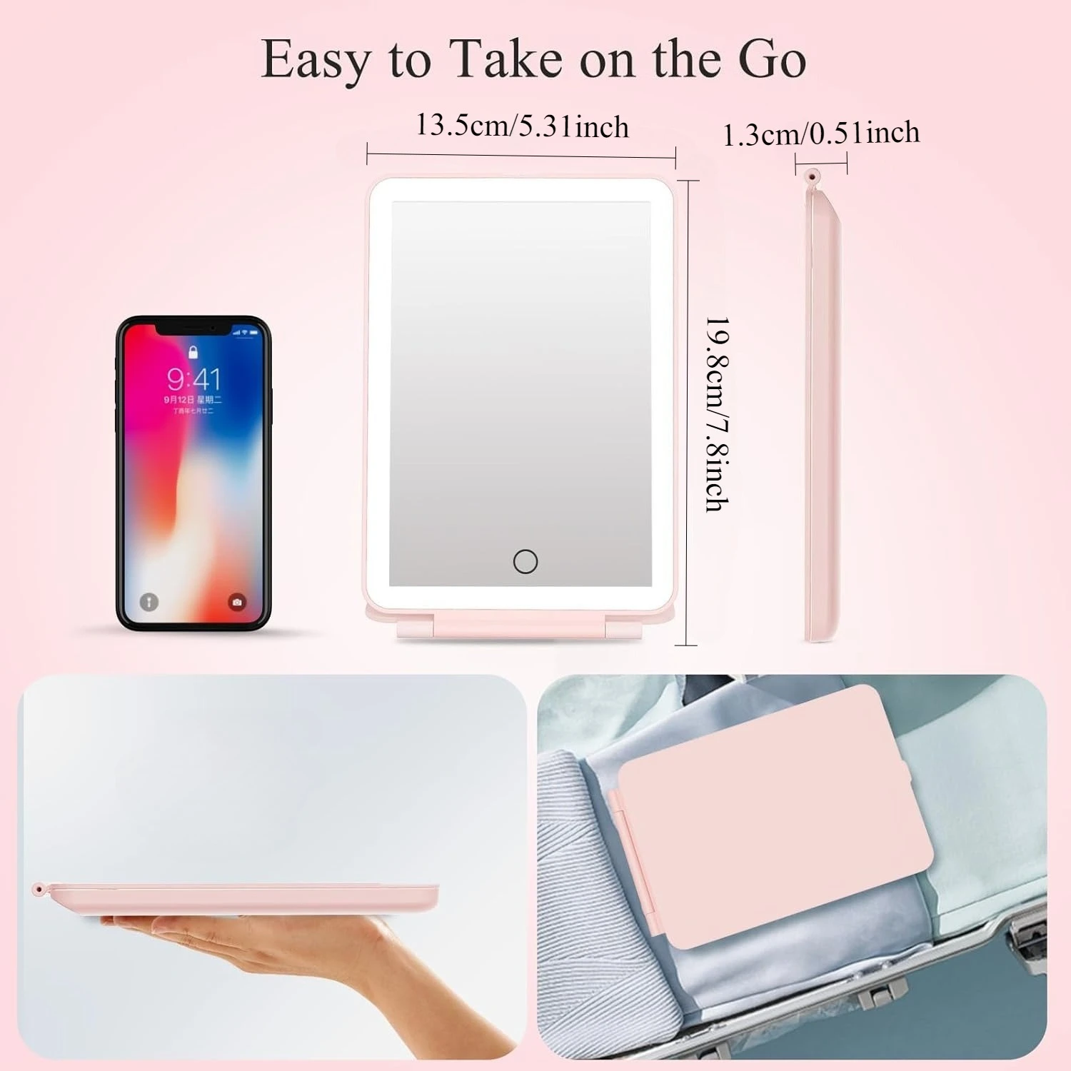 LED 여행 메이크업 거울 3 색 라이트 USB 충전식 터치 스크린 귀여운 휴대용 탁상 화장품 거울 Ins 핑크 아름다운