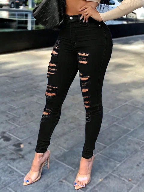 Women Slim-Fit Black Ripped Jeans with Button Zipper Pockets - Casual Fashion Solid Color Denim Pants