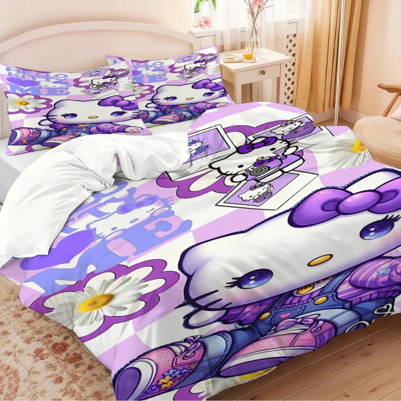 Hello Kitty Bedding Set 3PcsPink Swirl Print Duvet Cover with PillowcaseAnime Cartoon Bed Linen for Girls Kids Bedroom Decor 5