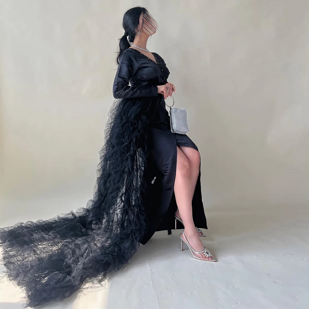 

Black Satin Split V-Neck Evening Dress for Woman Saudi Arabia Floor Length Court Train Long Sleeves Prom Dress Vestido De Festa