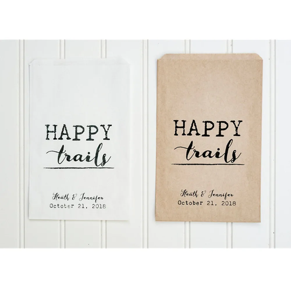 

50 Happy Trails Personalized Wedding Favor Bags - Trail Mix Bar, Rehearsal Dinner, Engagement Party