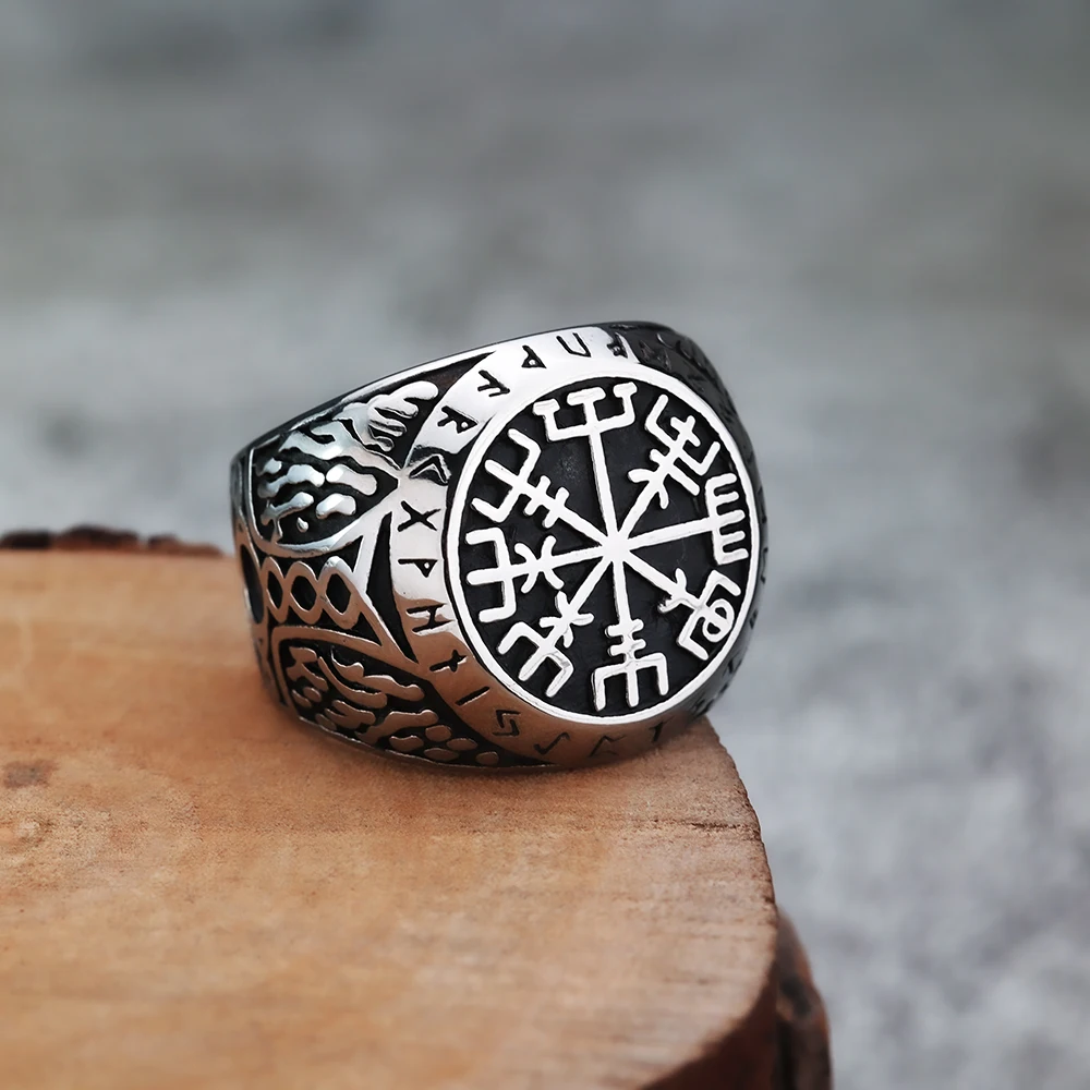 Nordic Viking Compass Rune Titanium Steel Ring European and American Hip Hop Style Men's Vintage Stainless Steel Ring Wholesale