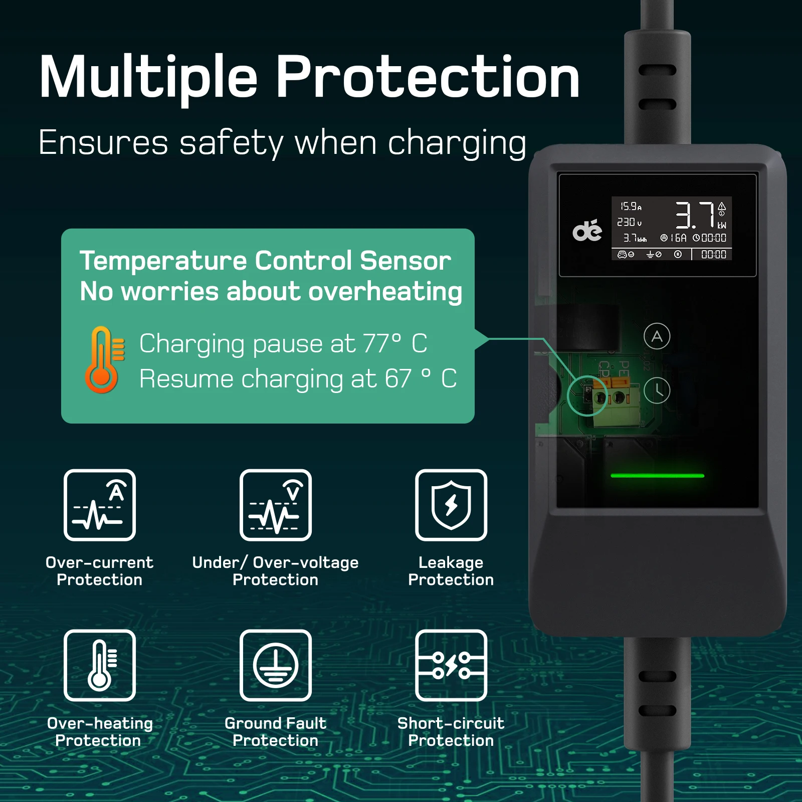 dé EV Charger Portable for Type 2  Electric Vehicle Dual Button Control LED Screen 3.7kW 16A 1-Phase Wallbox Charging Station