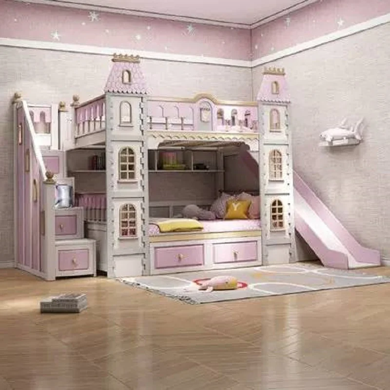 Full solid wood children's bed, double layered bed, high and low two princesses, dreamy castle slide
