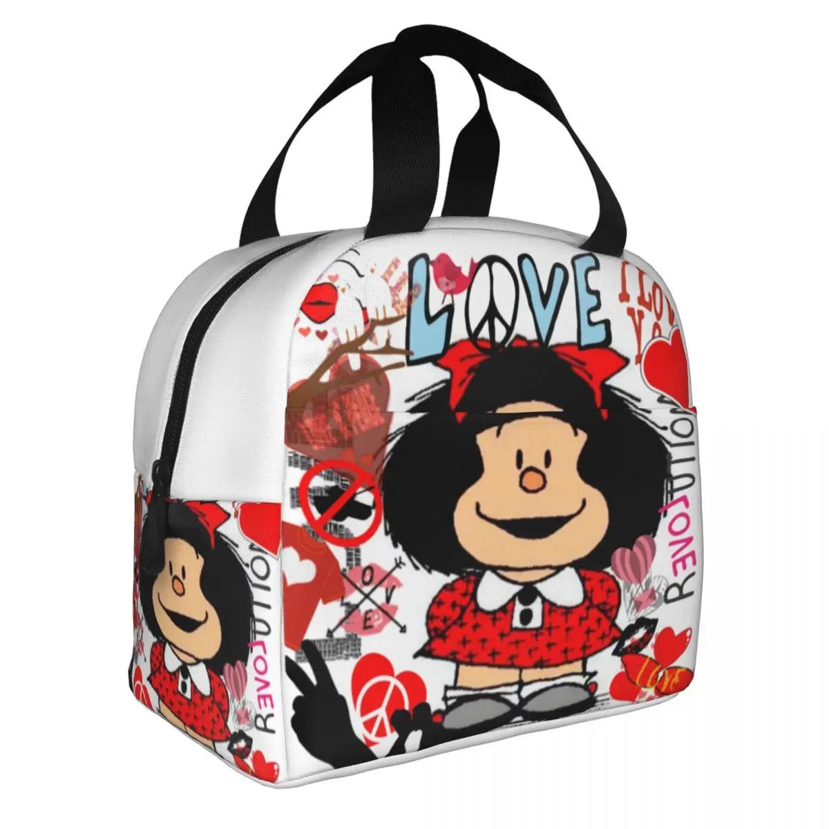 

Love Peace And Mafalda Insulated Lunch Bags Thermal Bag Quino Argentina Cartoon Tote Lunch Box Food Storage Bags School Picnic