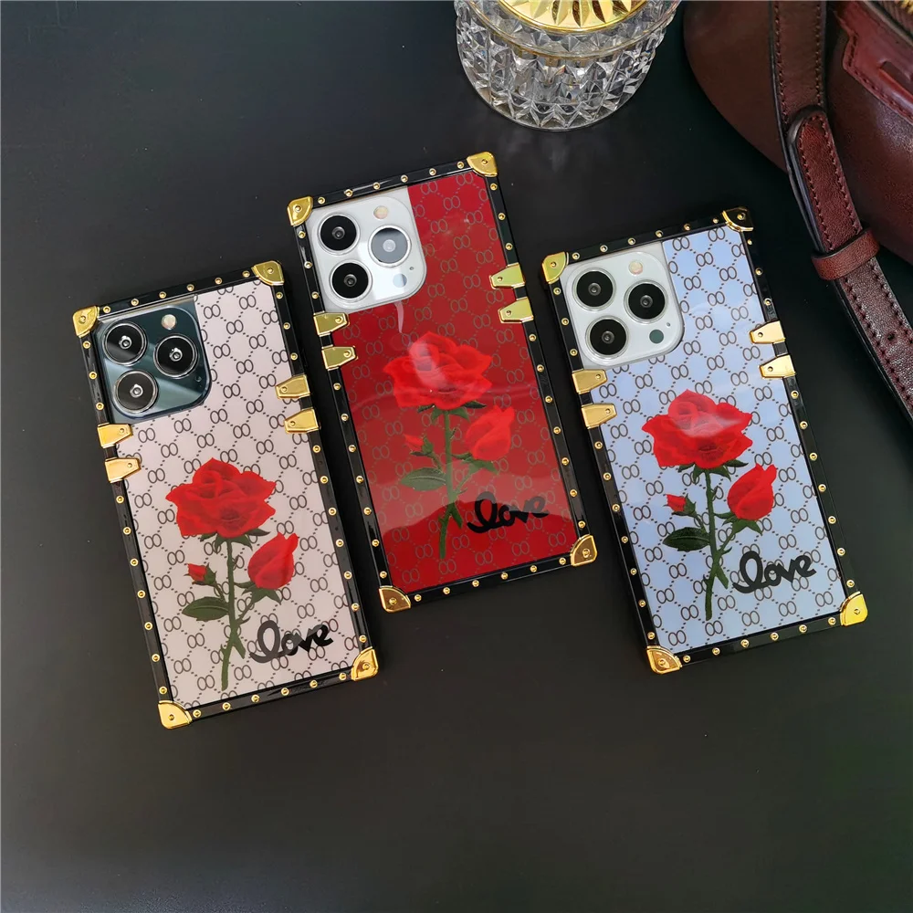 Luxury Plaid Mirror Face Cover Red Rose Flower Square Phone Case Per Motorola Moto G Power 2021 G Stylus G Pure Play One 5G Ace
