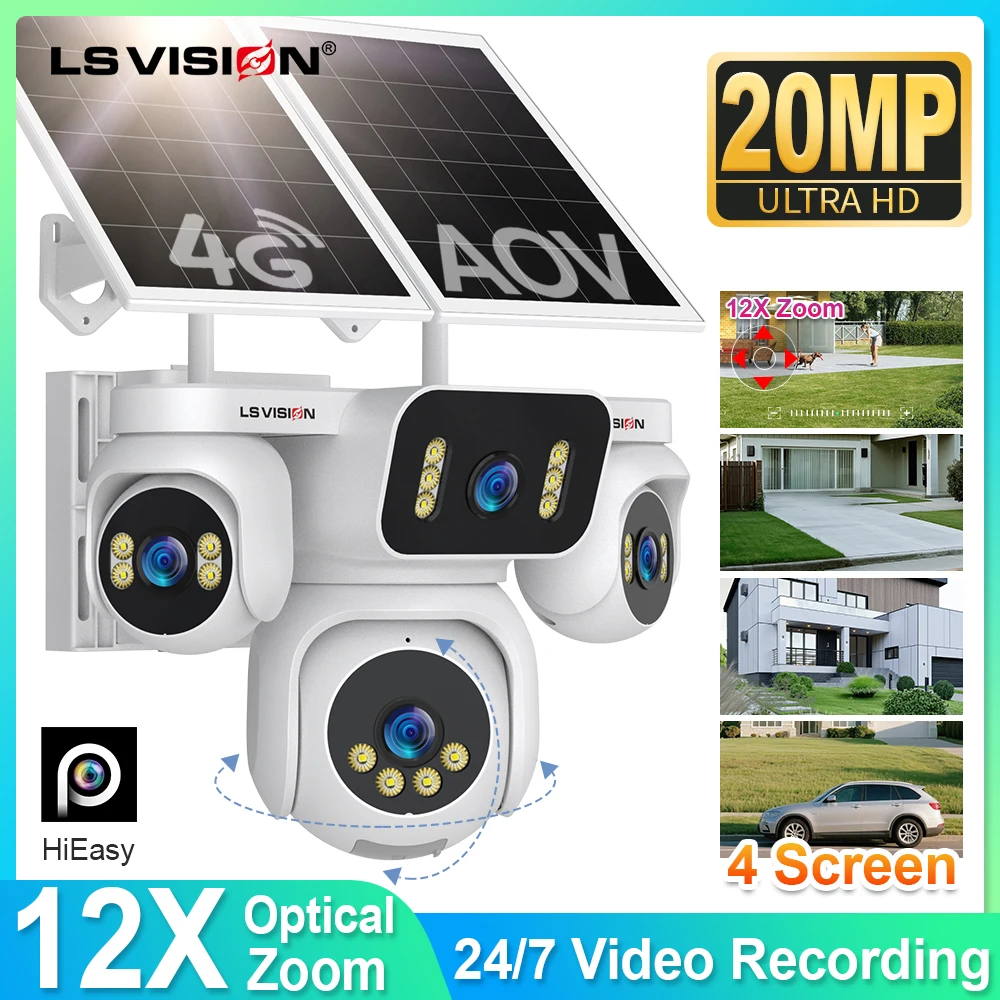 LS VISION 4 Screens AOV Solar Surveillance Cameras 4G 24/7 Recording Outdoor 12X Optical Zoom Auto Tracking 20W Solar Panel IP66 1