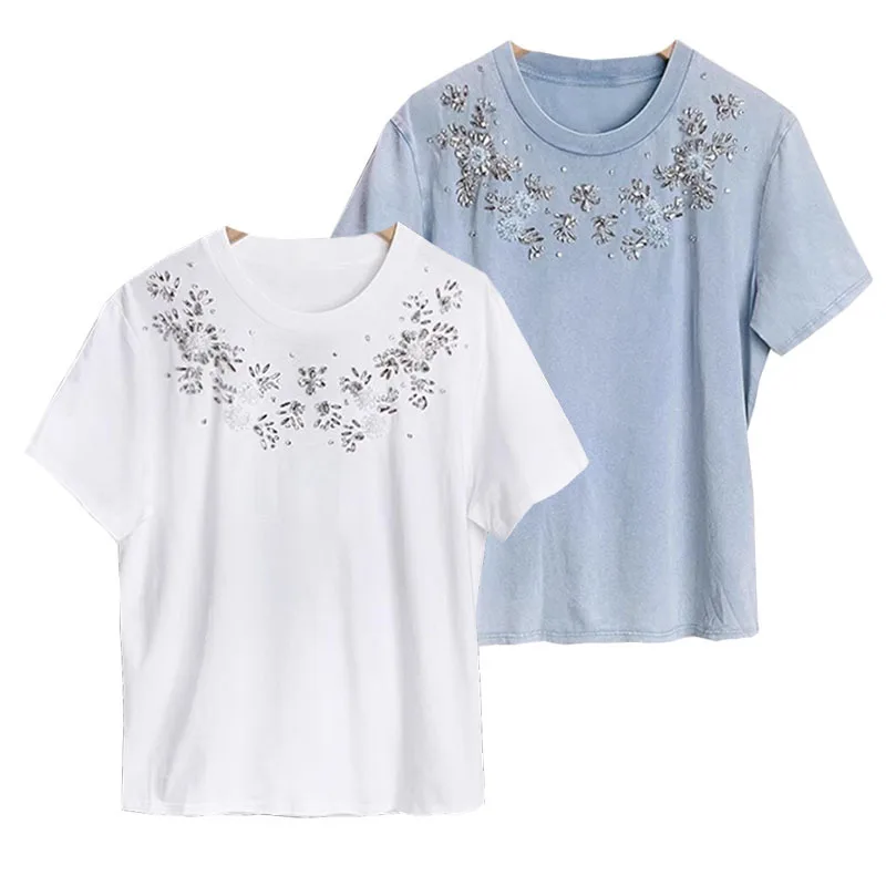 

VII 2024 M New Early Spring Woman Clothing Round Neck Beaded Loose Casual Short Sleeve T-shirt Top Women Free Shipping Offers