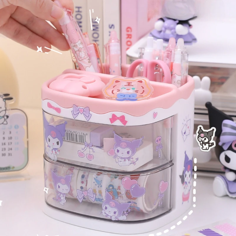 Pen Holder Stand Storage Box Organizer Kuromi Cinnamoroll Melody Sticker Decor Stationary Miniso Kawaii Cute Sanrio School Gift pen holder desk organizer pen and brush holder
