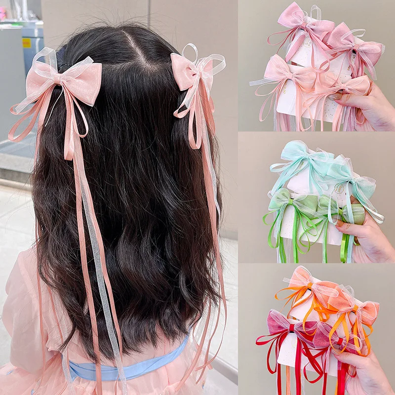 어린이를위한 요정 리본 활 머리핀 긴 리본 헤어 클립 2 개/대 바레트 머리띠 머리 장식 소녀 헤어 액세서리 패션