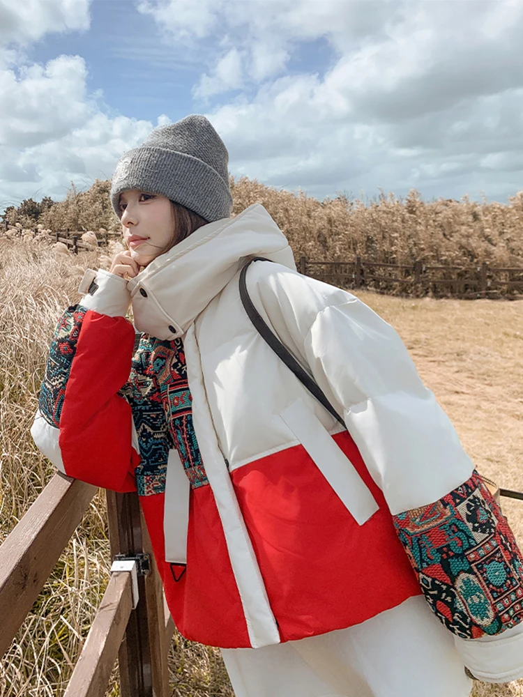 Winter Embroidery Hooded Patchwork Down Jacket Women White Duck Down Warm Jackets Female Thick Quilted Short Parka Outwears Coat
