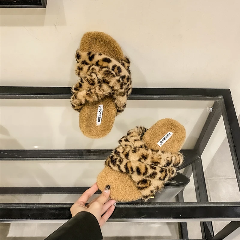 ZOOKERLIN Winter Women Home Indoor Casual Fuzzy Slippers Female Flip Flops Fluffy Shoes Cross Slides Ladies Soft Plush Slippers