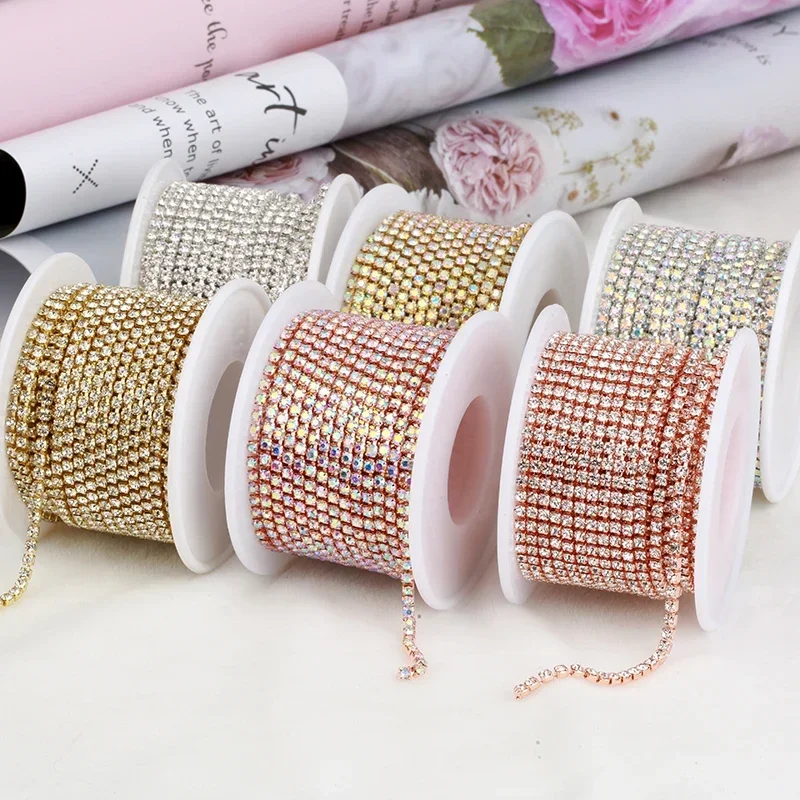 RESEN SS6-SS18(2mm-4.5mm)Silver/Gold Base Clear Crystal Dense Rhinestone Chain Apparel Sewing Glass Rhinestone Cup Chain Crystal rhinestone chain sew on rhinestones clear glass rhinestones crystal rhinestones glass rhinestones sewing rhinestones rhinestone crystals rhinestones beads