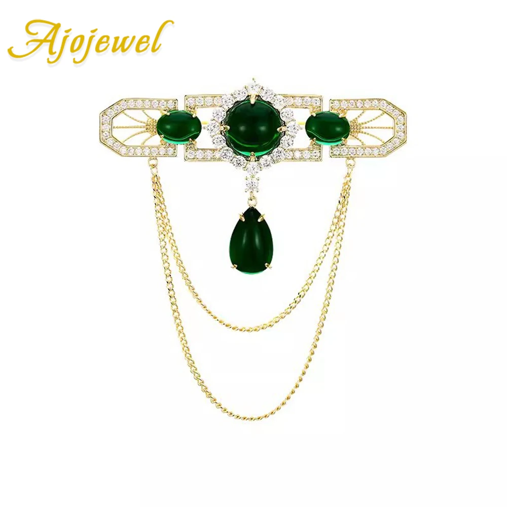 

Ajojewel Courtly Style Green Stone Brooch With Golden Tassel Jewelry Vintage Retro Items