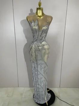Women Luxury Rhinestone Sleeveless Silver Long Dress Sexy Mesh See Through Evening Prom Birthday Photo Shoot Singer Stage Outfit 1