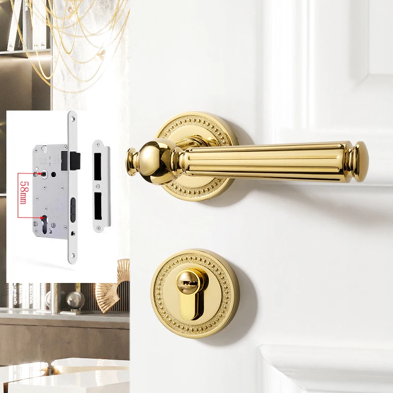 Bedroom door lock, universal French style room, solid wood door handle, silent split gold lock