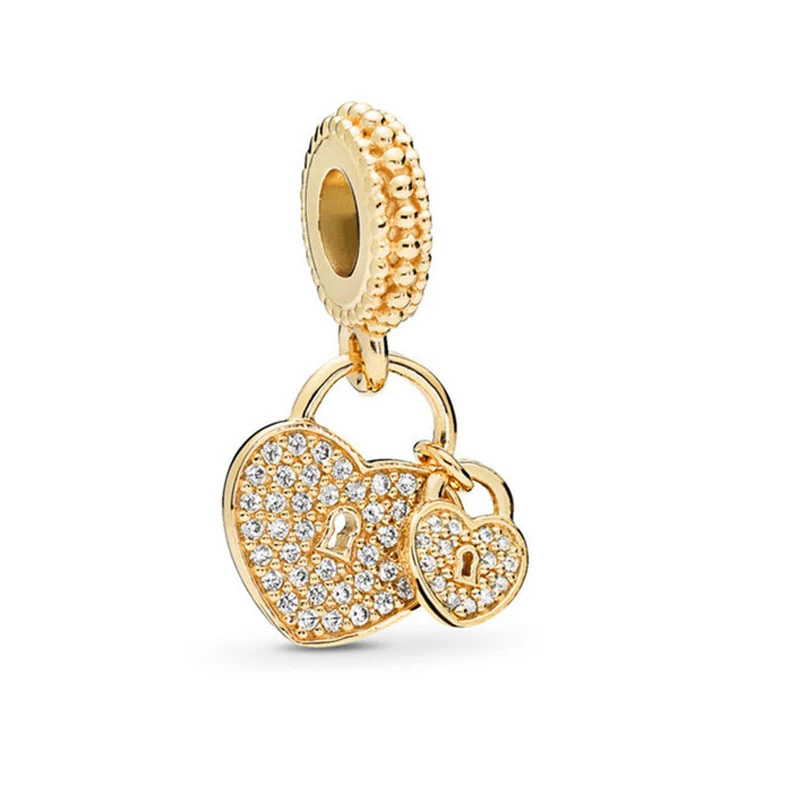 Sparkling Gold Angel's Wings Mum & Dad Lock Hearts Charm Beads Fit Original European 925 Silver Bracelet DIY Women Jewelry Gifts 2