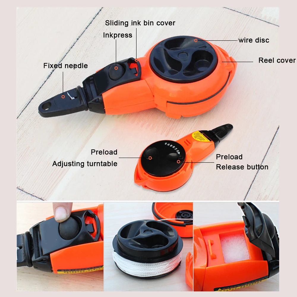Plastic Carpentry Marking Tool Automatic Rewind Ink Snap Line Scriber Manual Chalk Ink Straight-Line Gear with 15m Cable 