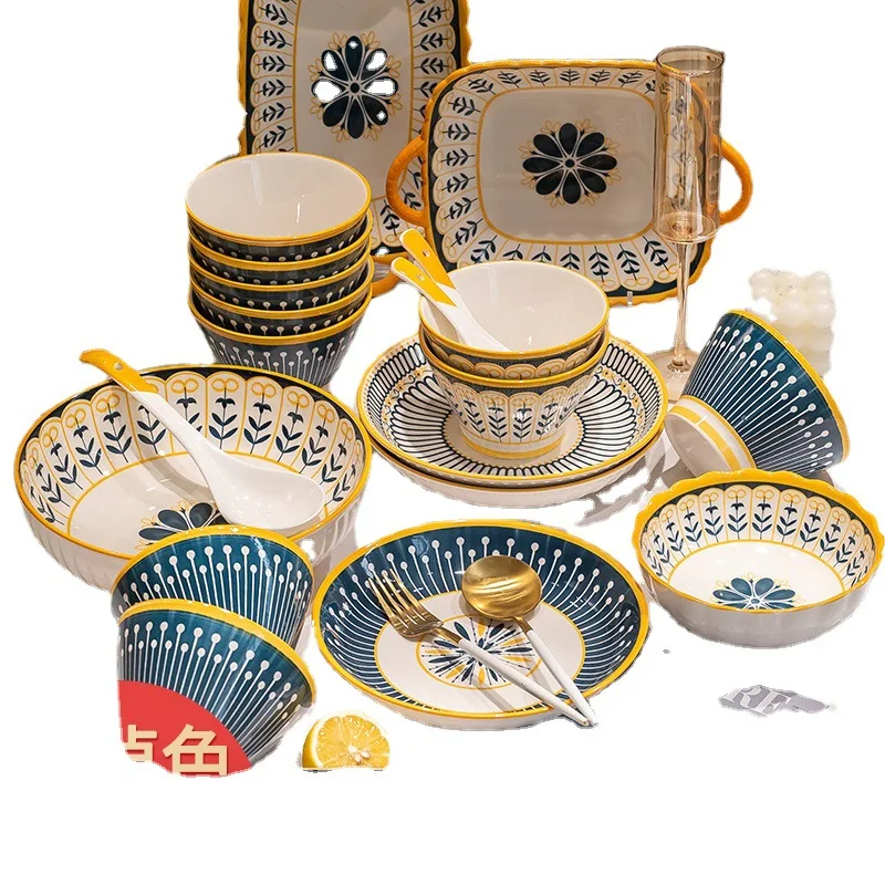 Fashion leaves ripple dish set home Japanese simple ceramic plate bowl bowl chopsticks large rice