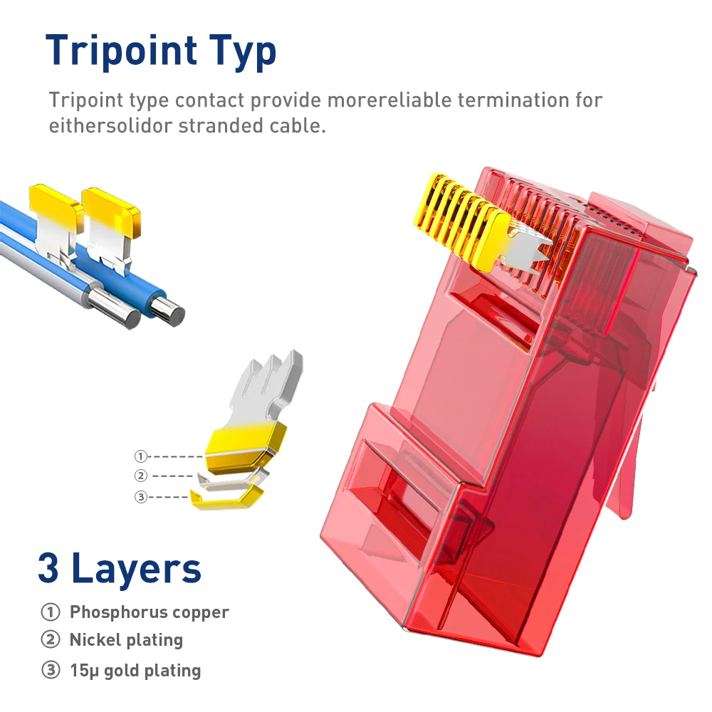 Natalink RJ45 CAT6 CAT5e Pass Through Connector Modular Plug 8P8C Crystal End Gold-Plated Solid or Stranded UTP Network Cable image 2