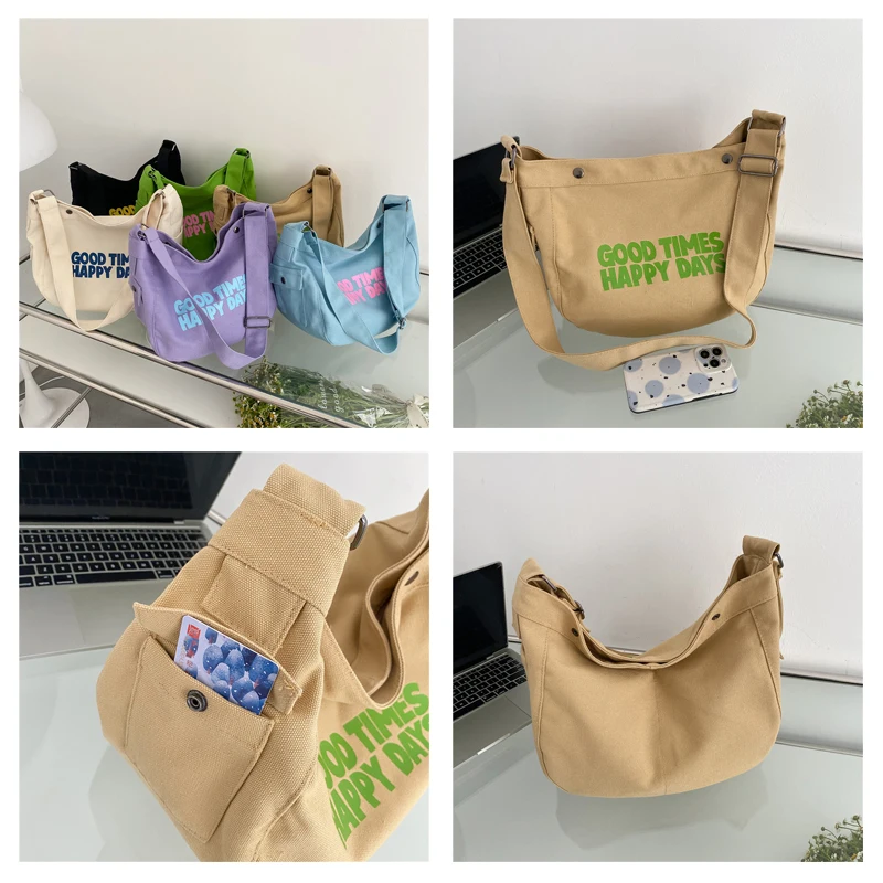 Canvas Bags For Women 2022 Letter Shoulder Bag High Capacity Crossbody Bags Fahion Shopper Eco Bag Korean Leisure Messenger Bag