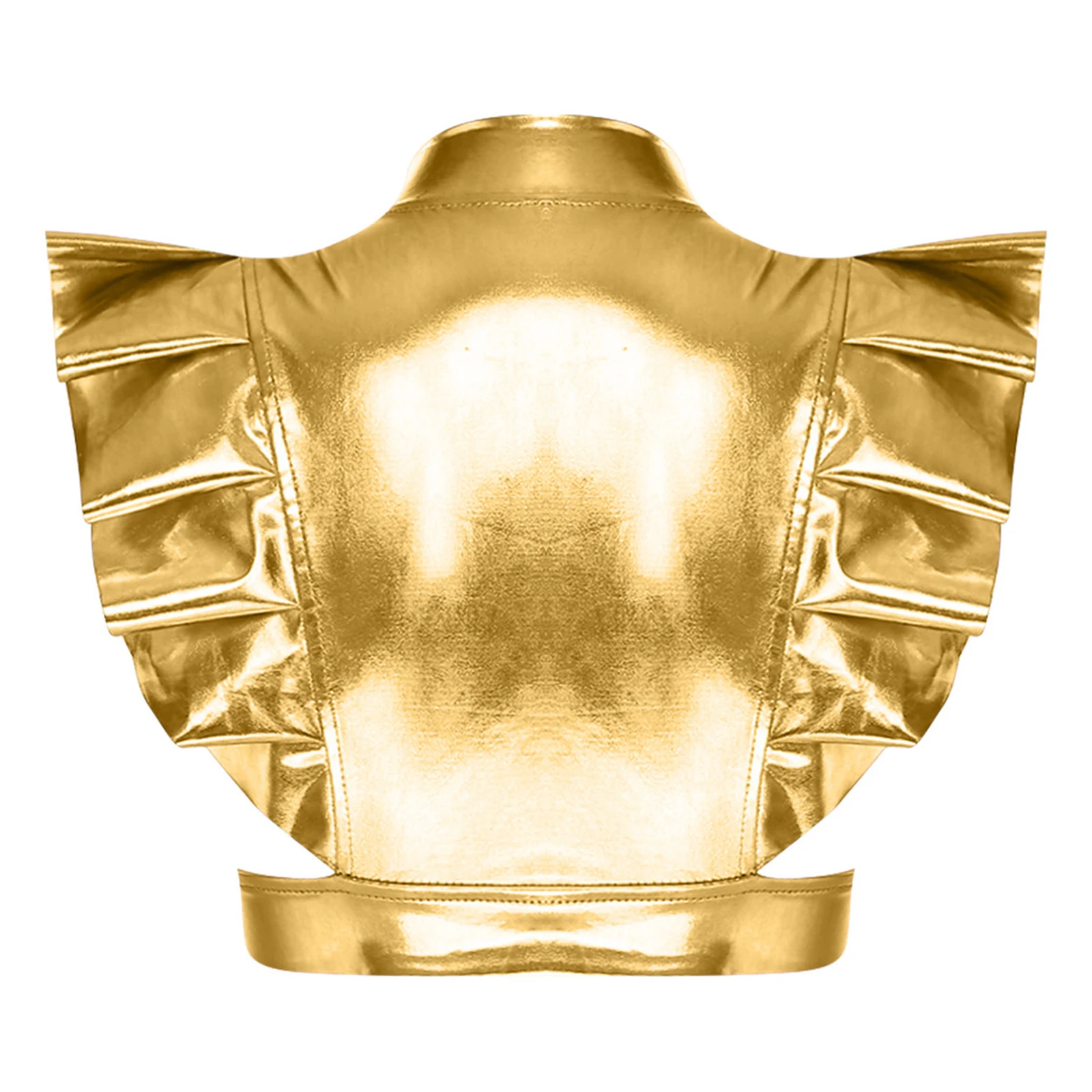 Schillernde Metallic-Schulterrüstung für Damen, Clubwear, gerüschter Besatz, vorderer Ausschnitt, verstellbare Träger, Rave-Achselzucken, bauchfreies Oberteil – Detail 18