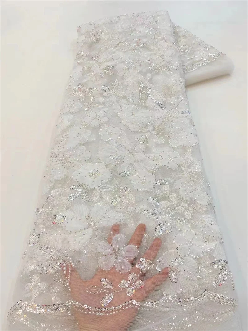3D 꽃 프렌치 레이스 원단, 아프리카 레이스 그물, 아프리카 레이스 원단, 웨딩 원피스 구슬 레이스 직물, 2024 하이 퀄리티