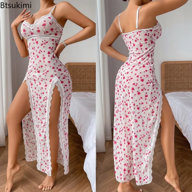 2025 Women's Summer Sexy Leopard Print Nightgown Satin V-Neck Lace Trim Dress Hight Side Slit Contrast Lace Nightgown for Women 4