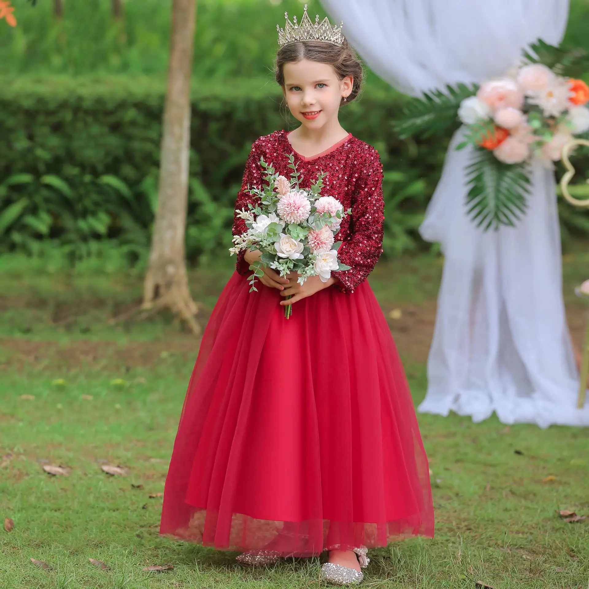 

New 2023 Girls Cotton Dresses Glitter Bow Cute Dress Long Sleeve Princess Wedding Ball Gown Casual Net Yarn Elegant Vestidos
