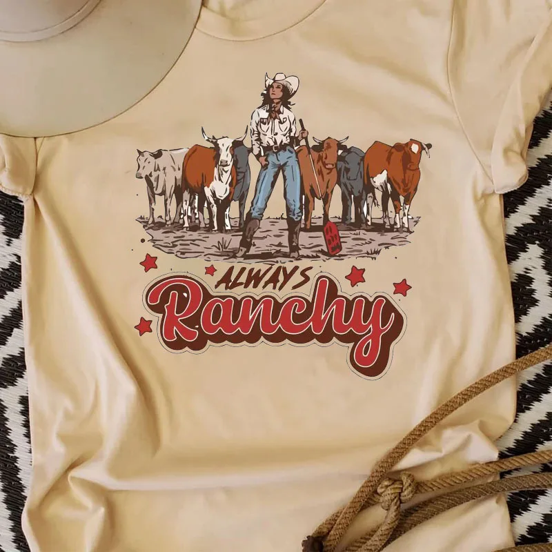 

Summer Casual Short Sleeve Women's Clothing Ranchy Cowboy Letter Print T-shirt Western Style Country Vintage T-shirt Aesthetic