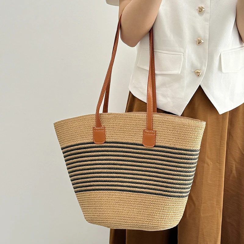 Women Fashion Striped Summer Beach Straw Knitting Shoulder Bag Hollow Out Handwoven Handbags Portable Large Capacity Casual Tote